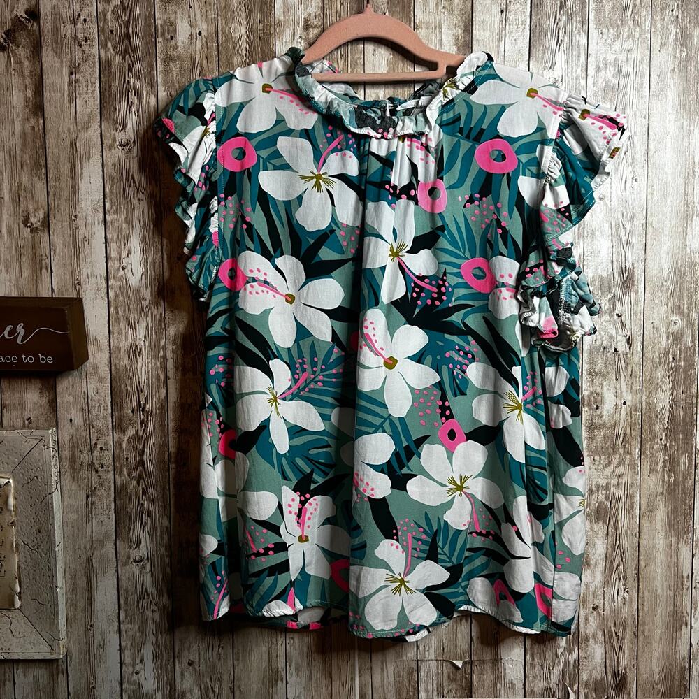 THML Tropical Floral Ruffle Sleeve Blouse with‎ Back Keyhole